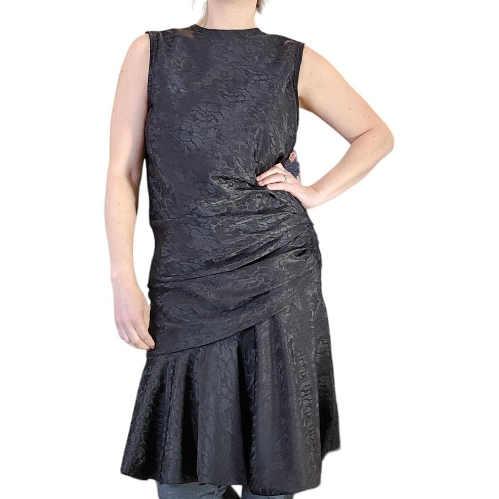 Retro 80s M Black‎ Satin Drop Waist Ruched Sleeveless Dress Knee Length Cocktail